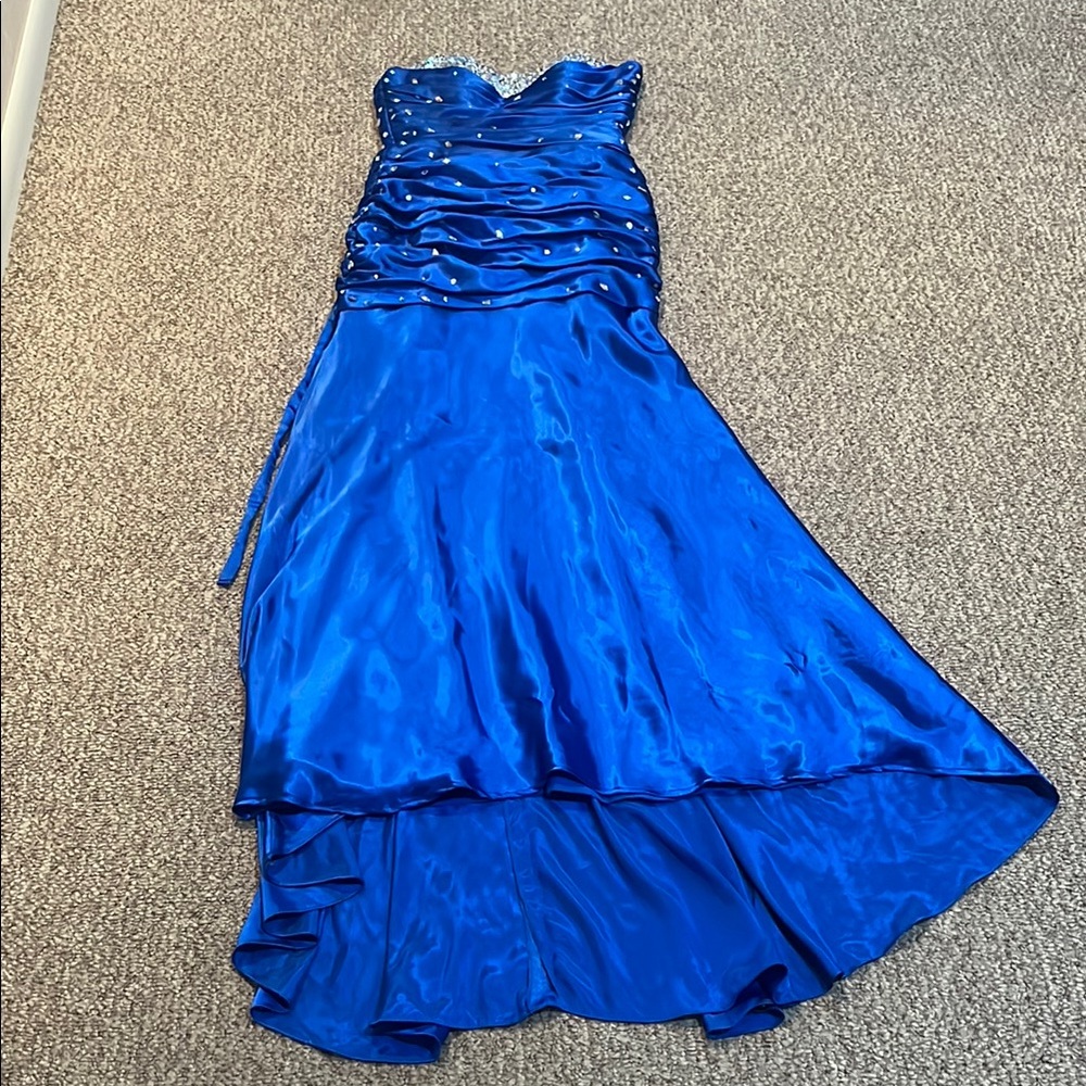 Mori Lee Blue Ruched High-Low Strapless Gown